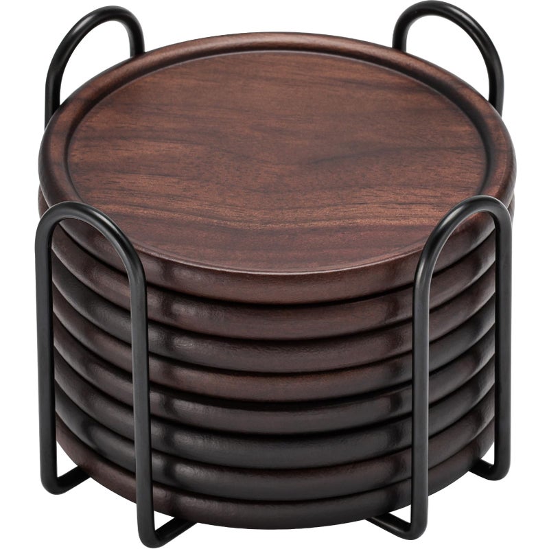GOH DODD Wood Coasters with Metal Holder, GOH DODD Set of 8 Walnut Wooden Coaster Tabletop Protection for Drinks Coffee Table Home Kitchen Office Bar Living Room Decor Housewarming Gifts Wedding Party, 4 Inch - Image 1